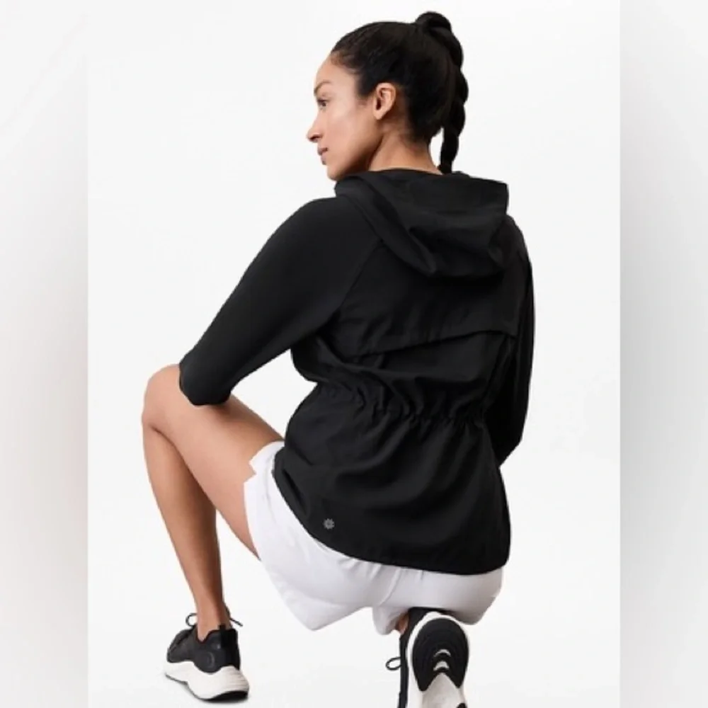 Athleta Limitless Luxe Water-Repellent Windbreaker Stowaway Hood Jacket Black XL - Picture 2 of 11
